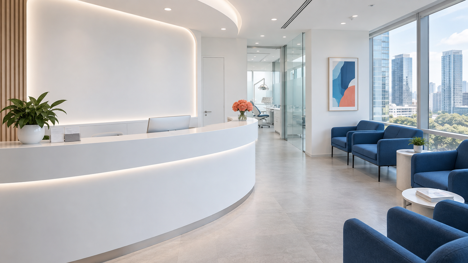 Bright white dental clinic reception with blue seating
